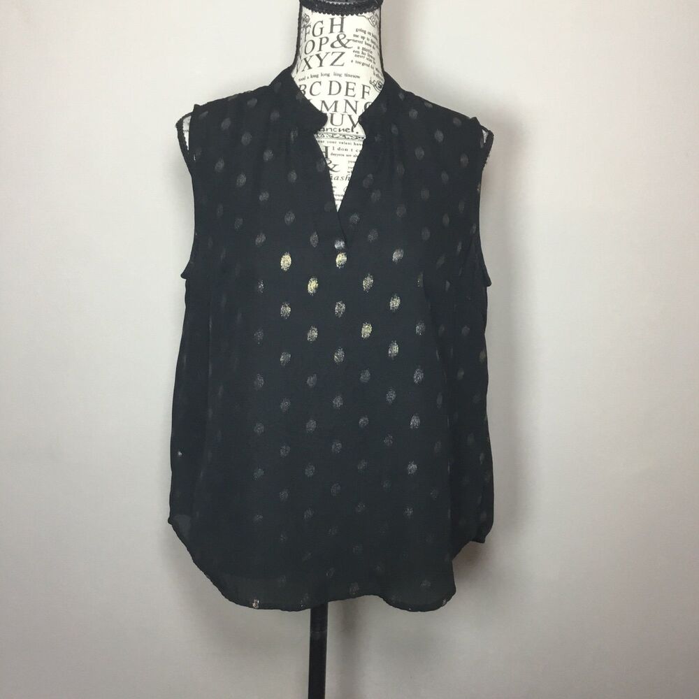 Black sleeveless gold sparkle top sleeveless v neck semi sheer night out bling M
